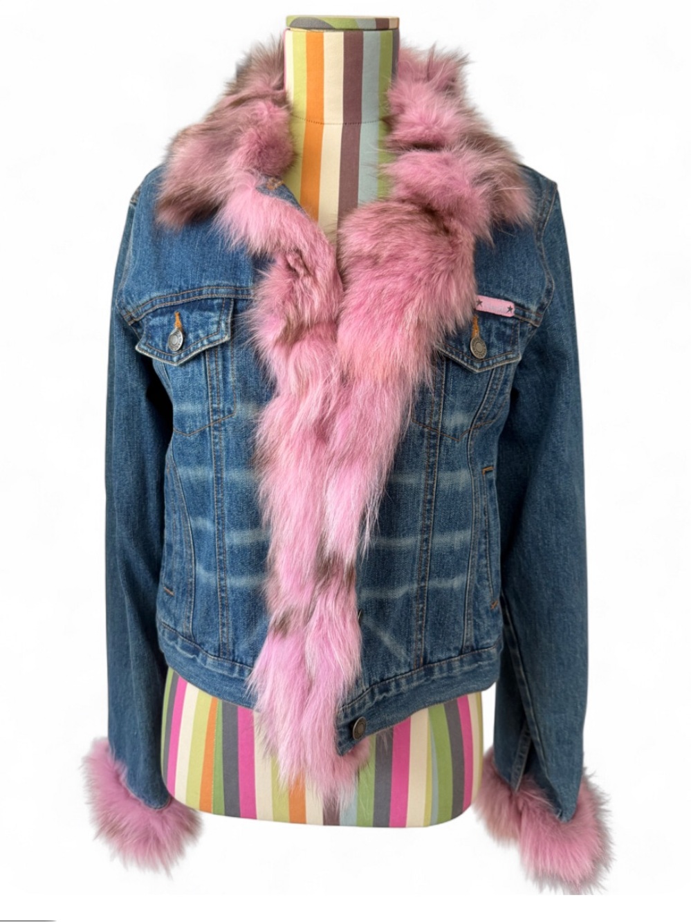 Gi And Jo Genuine Fur & Cotton Denim Jacket Pink Fur Trim